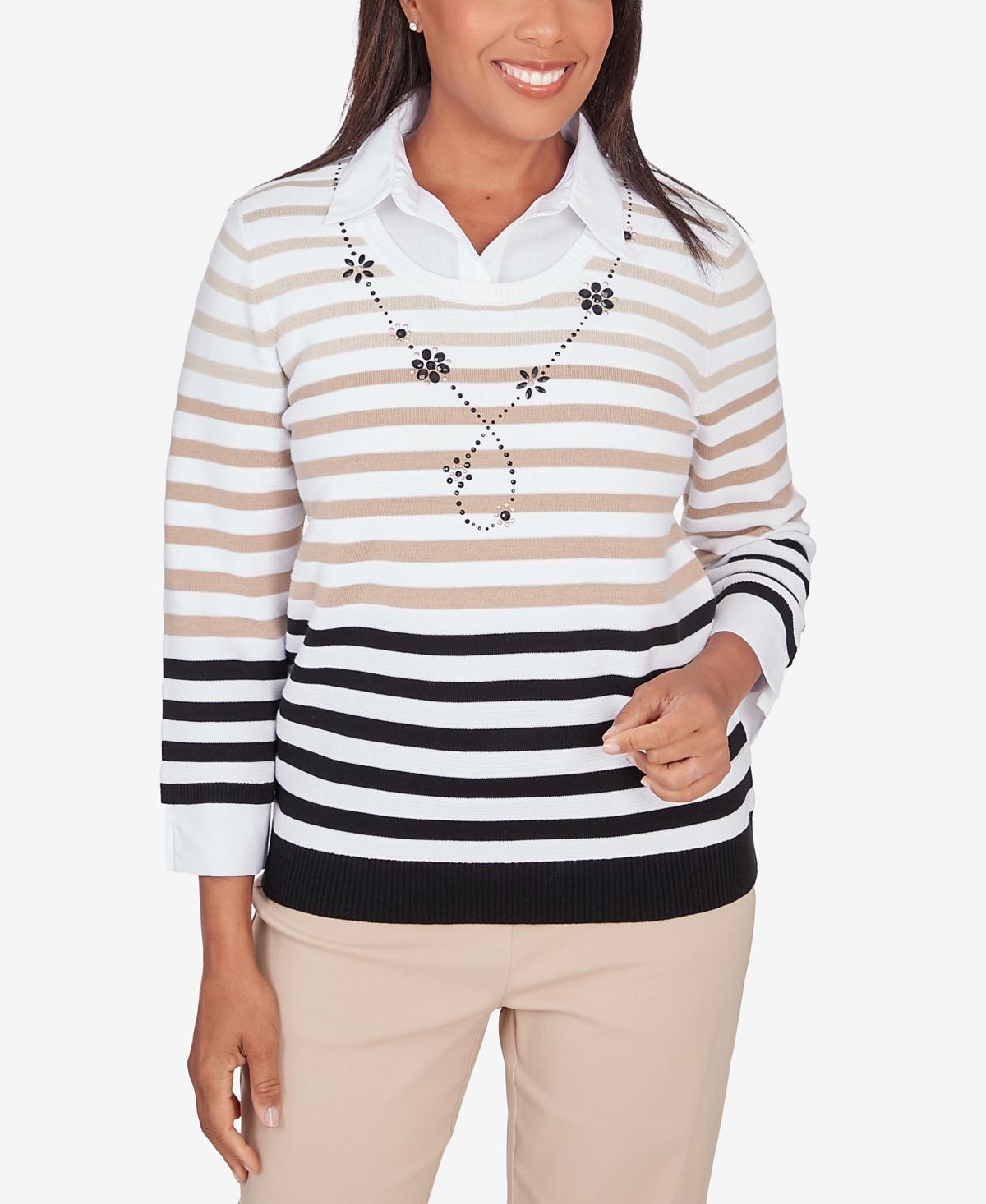 Alfred Dunner Womens Neutral Territory Collar Trimmed Embellished Stripe Sweater Product Image