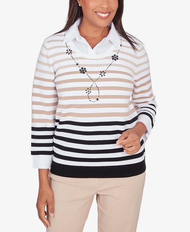 Alfred Dunner Womens Neutral Territory Collar Trimmed Embellished Stripe Sweater Product Image