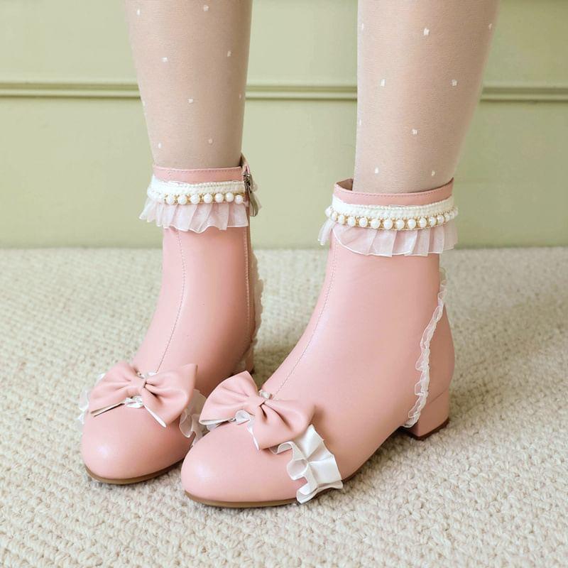 Chunky Heel Bow Ruffled Short Boots product image