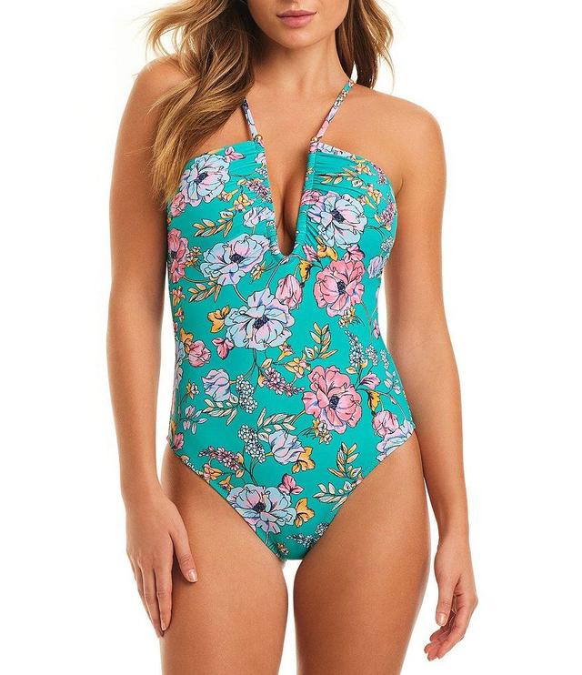 Jessica Simpson Eternal Youth Floral Plunge V-Wire One Piece Swimsuit Product Image