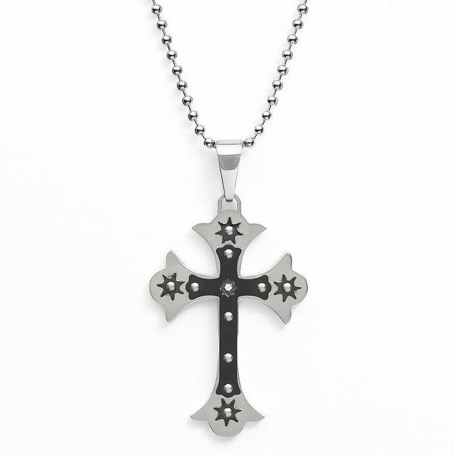 Stainless Steel and Black Immersion-Plated Stainless Steel Cubic Zirconia Cross Pendant - Men, Mens Grey Product Image