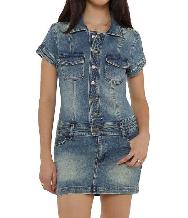 Guess Belted Short Sleeve Denim Dress Product Image