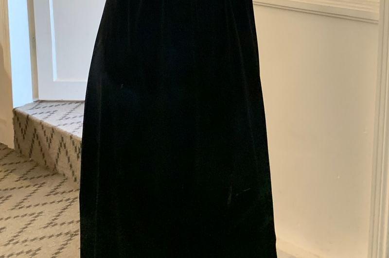 Long-Sleeve Frill Trim Velvet Maxi A-Line Dress Product Image