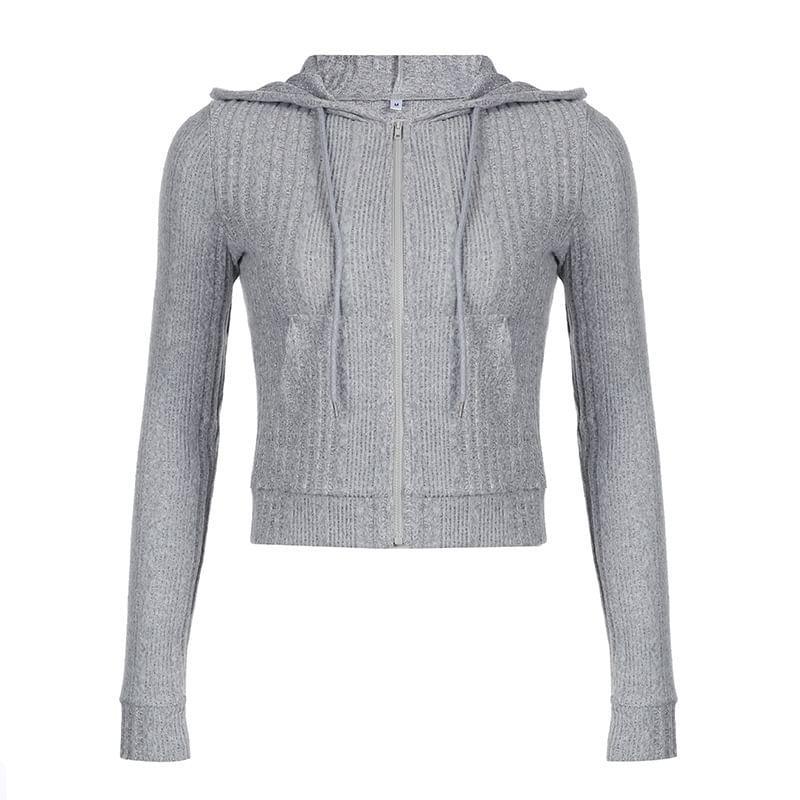 Plain Hooded Ribbed Zip Cardigan Product Image