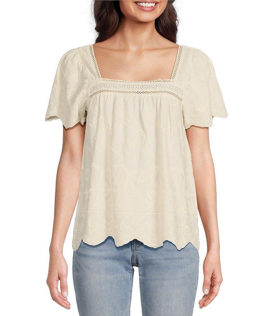 Lucky Brand Embroidered Square Neck Short Flutter Sleeve Top Product Image