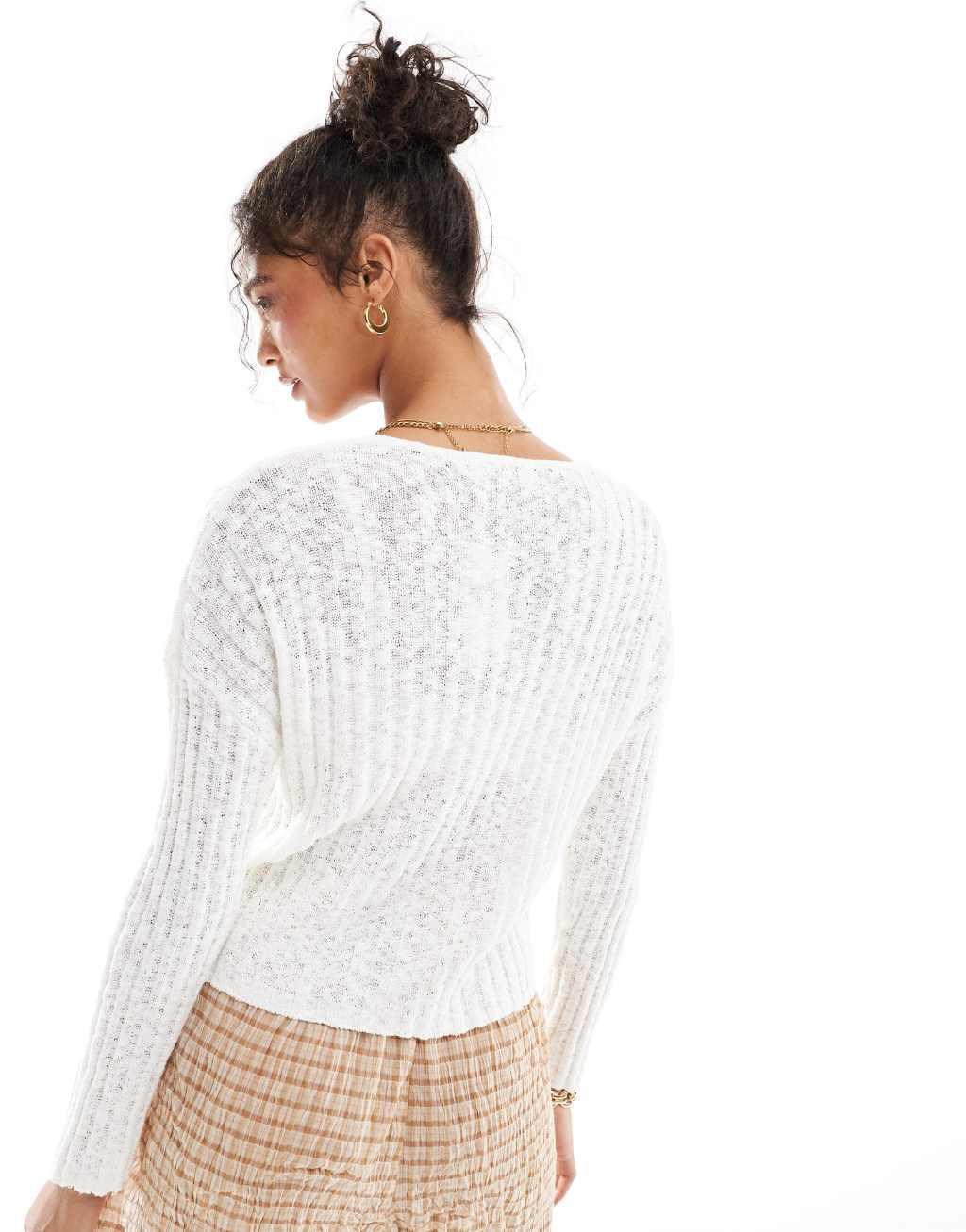 Mango open weave v neck sweater in white Product Image