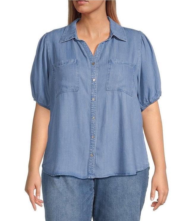 Nurture by Westbound Plus Size Woven Short Puff Sleeve Point Collar Curved Hem Button Front Top Product Image