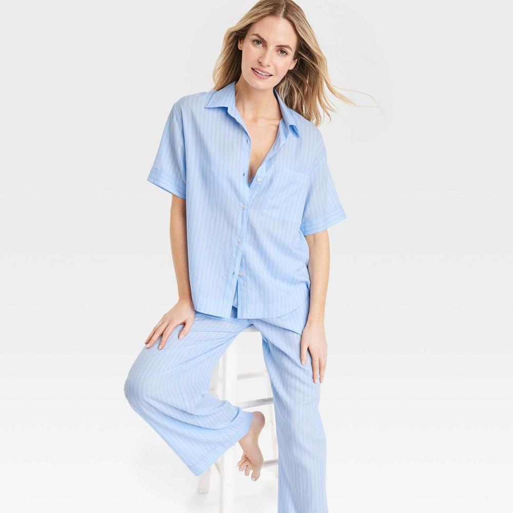 Womens Striped Cotton Blend Button-Up Pajama Top - Stars Above Blue L Product Image