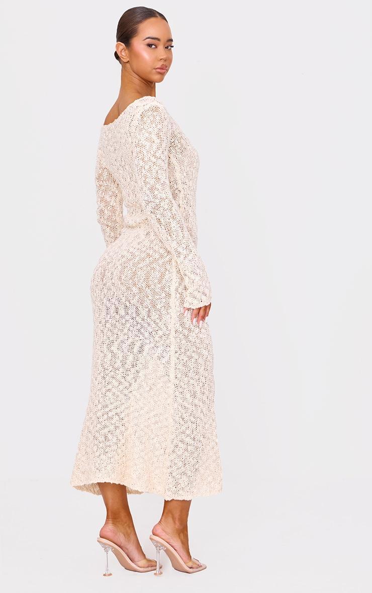 Oatmeal Textured Crochet Knit Long Sleeve Maxi Dress Product Image