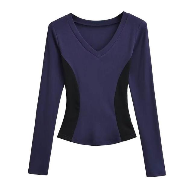 Long Sleeve V-Neck Two Tone Panel Tee Product Image