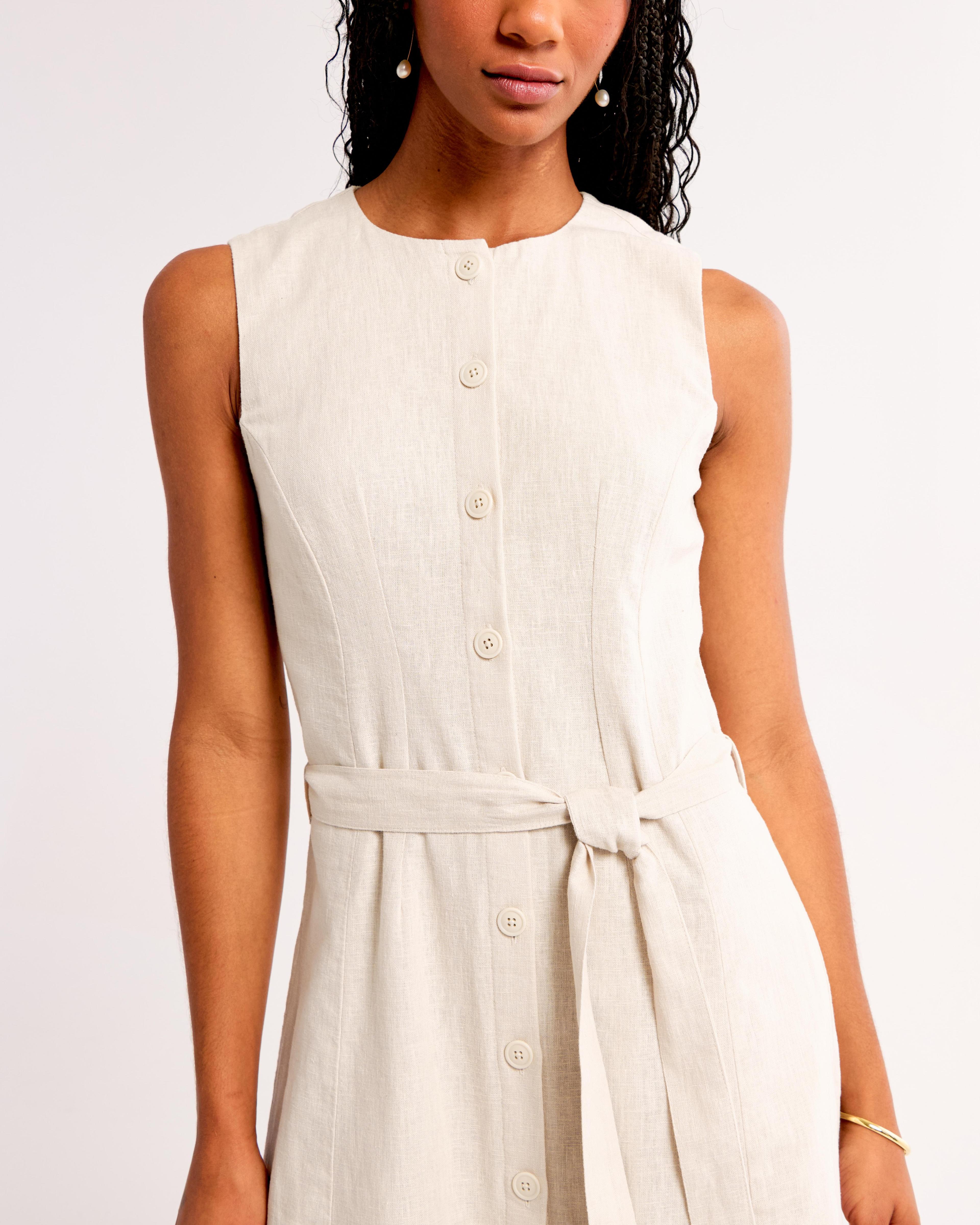 Linen-Blend Belted Midi Dress Product Image