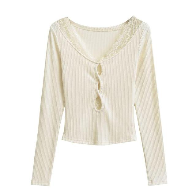 Long-Sleeve V-Neck Cutout Plain Knit Top Product Image