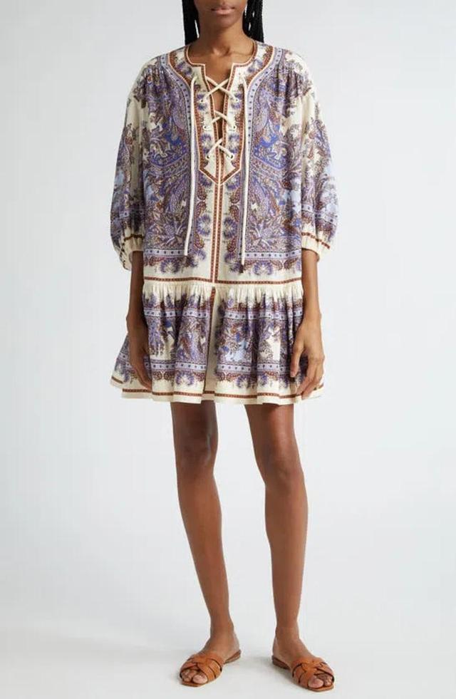 ZIMMERMANN Ottie Paisley Lace-up Linen Minidress In Purple Paisley Product Image