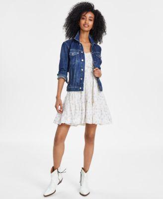 Lucky Brand Womens Cotton Denim Trucker Jacket Sweetheart Neck Cinched Bodice Mini Dress Product Image