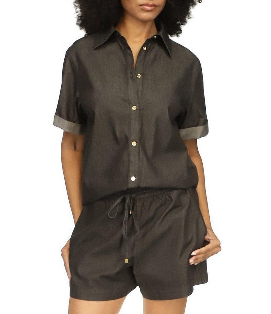 Michael Kors Cotton Chambray Collared Neckline Short Sleeve Top Product Image