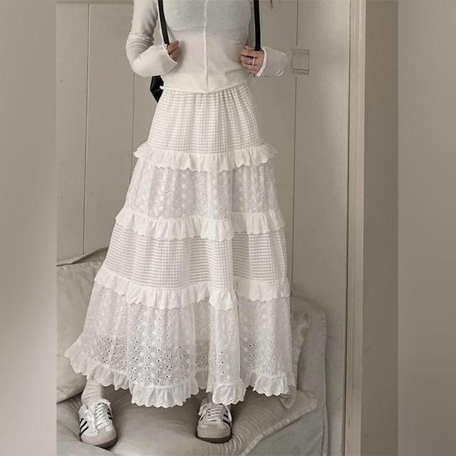 High Waist Plain Ruffled Midi A-Line Eyelet Lace Skirt Product Image