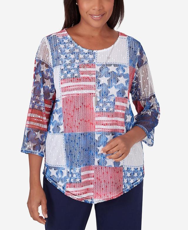 Alfred Dunner Womens All American Patchwork Flag Mesh Top with Necklace Product Image