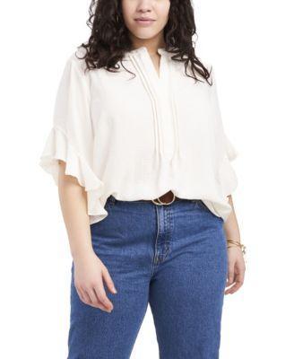 Plus Size Pintuck Flutter 3/4-Sleeve Henley Blouse Product Image