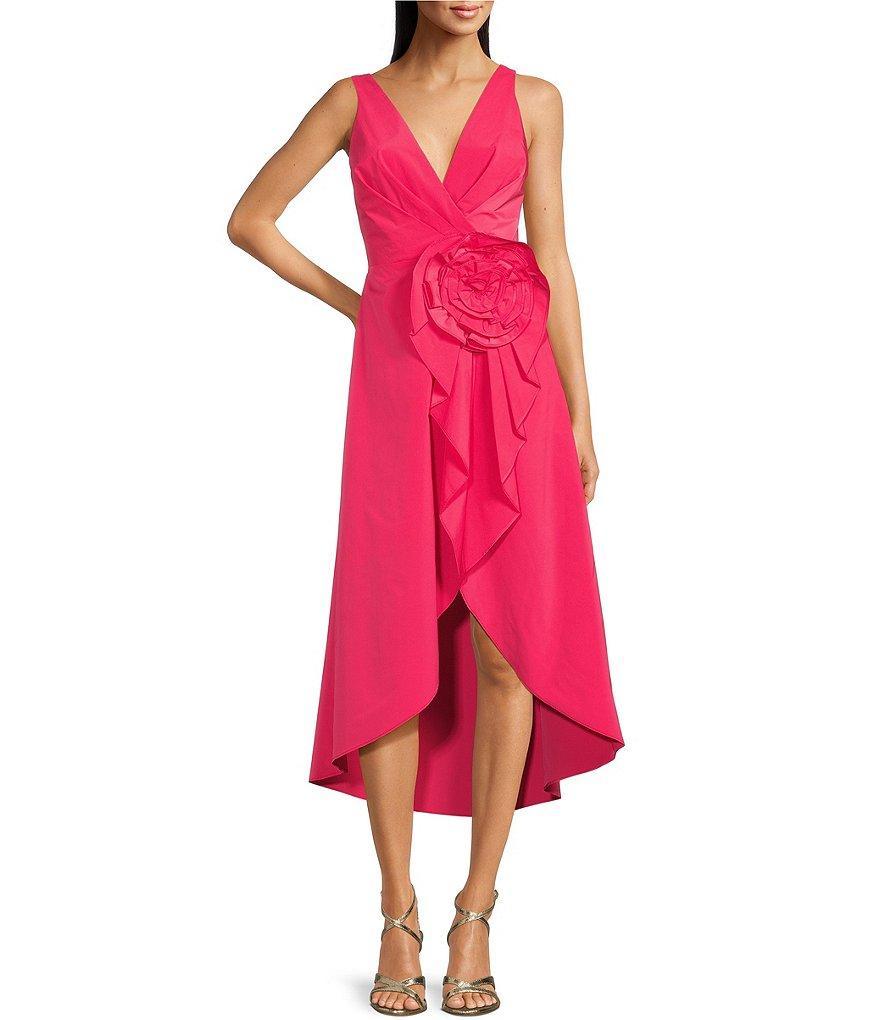 Aidan Mattox Taffeta V-Neck Sleeveless Rosette Front Ruffle High-Low A-Line Midi Dress Product Image