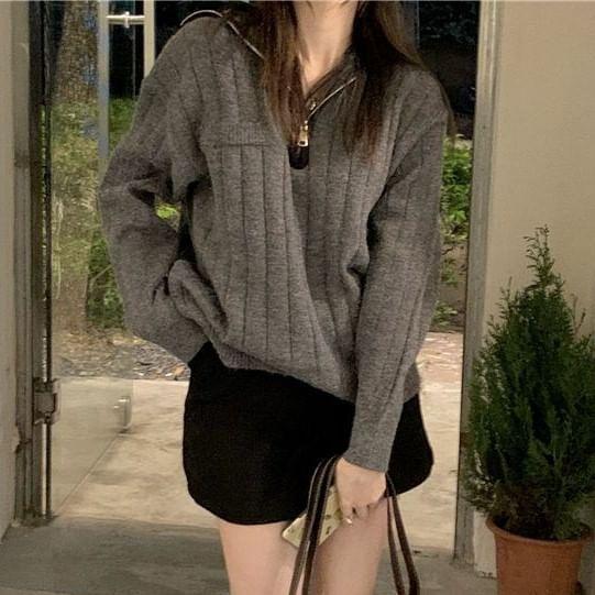 Contrast Trim Half Zip Ribbed Sweater Product Image