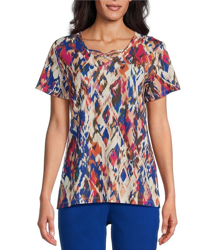 Allison Daley Diamond Ikat Print Short Sleeve Criss Cross V-Neck Gauze Knit Top Product Image