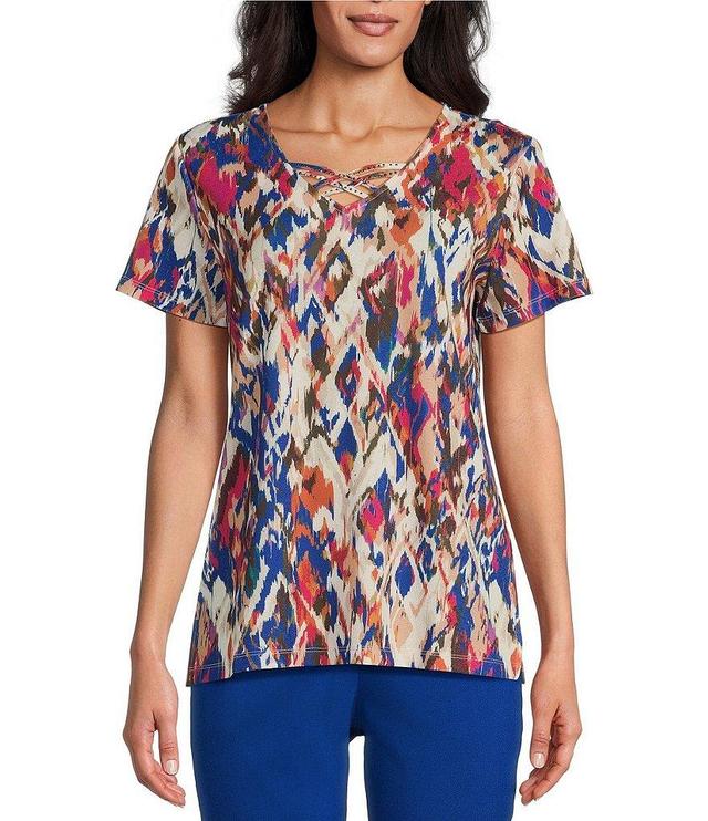 Allison Daley Diamond Ikat Print Short Sleeve Criss Cross V-Neck Gauze Knit Top Product Image