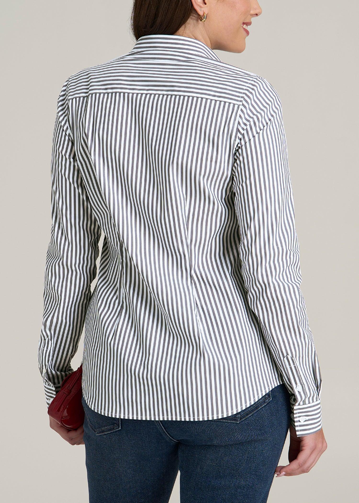 Slim Fit Button Up Women's Tall Shirt in Grey and White Stripe Product Image