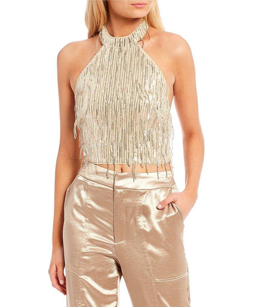 Guess Mia Sequin Mock Neck Sleeveless Crop Top Product Image