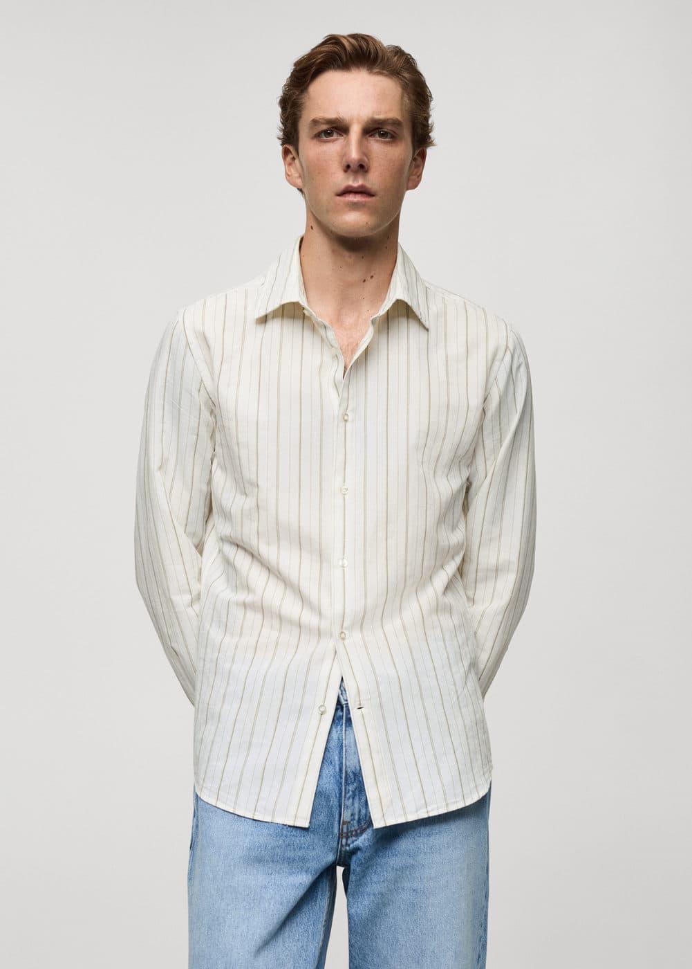 MANGO MAN - Regular-fit striped cotton-linen shirt khakiMen Product Image