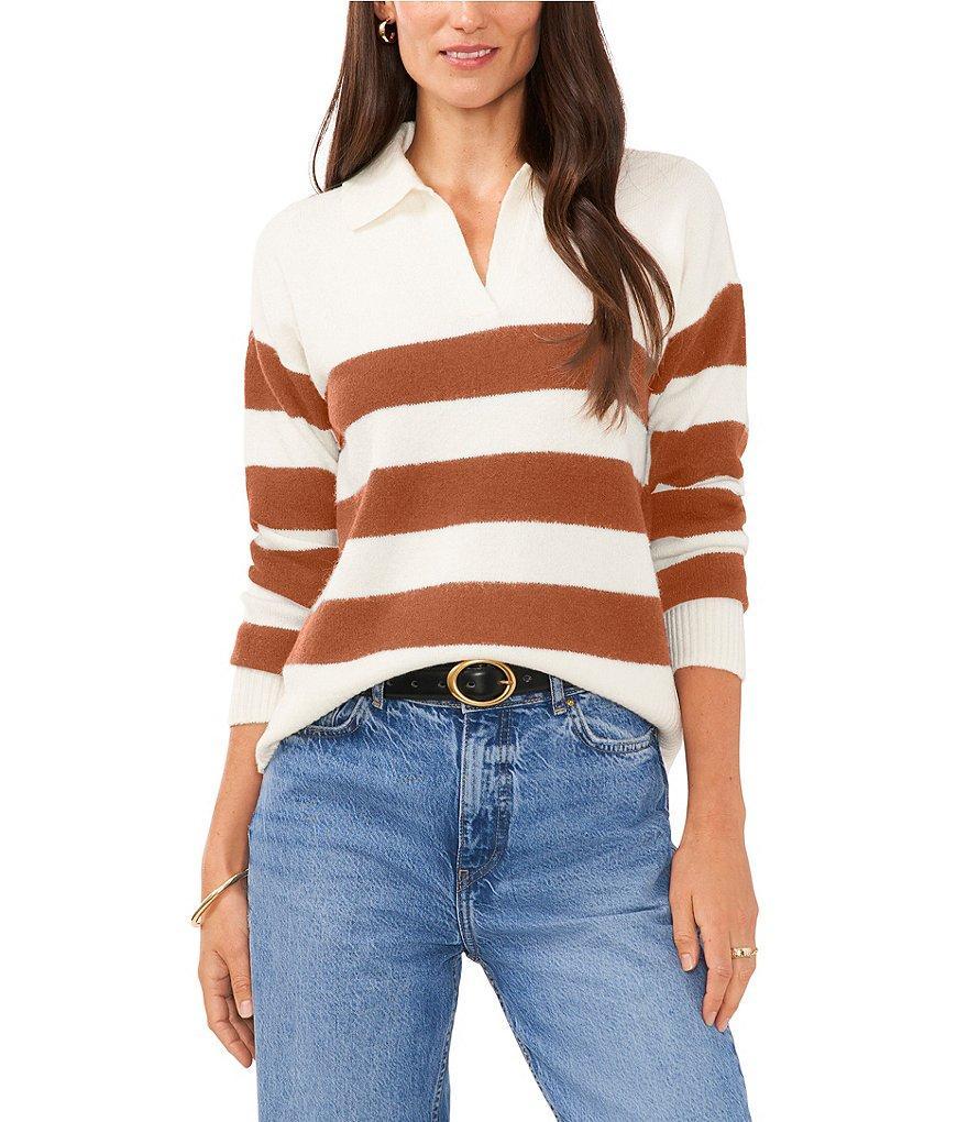 Vince Camuto Wide Striped Long Sleeve Point Collar Ribbed Cuff Knit Sweater Product Image