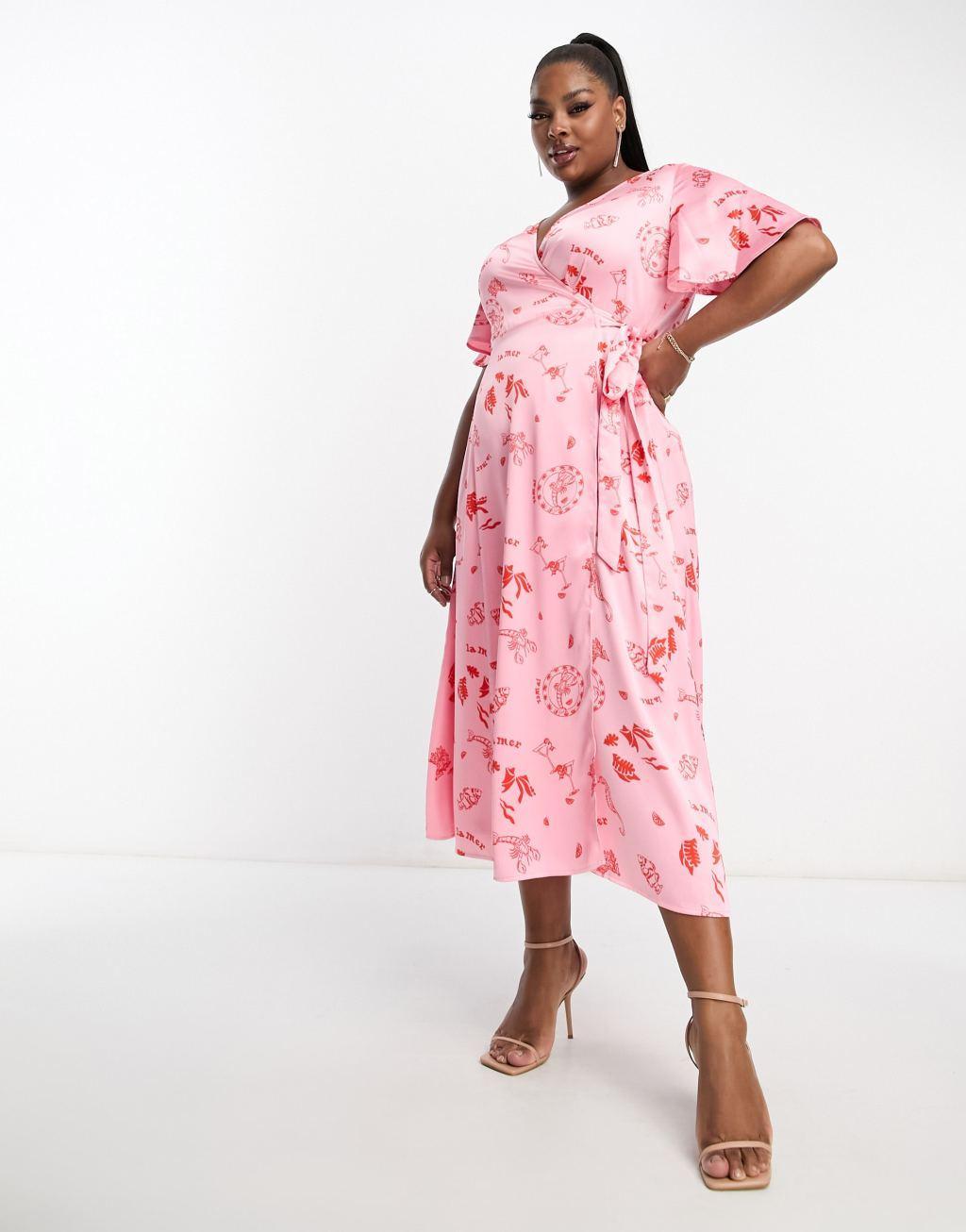 Never Fully Dressed Plus wrap tie midi dress in pink la mer print Product Image