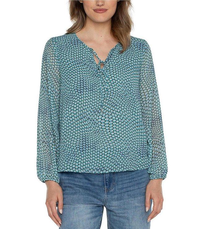 Liverpool Los Angeles Chiffon Dotted Print Split V-Neck Long Sleeve Top Product Image