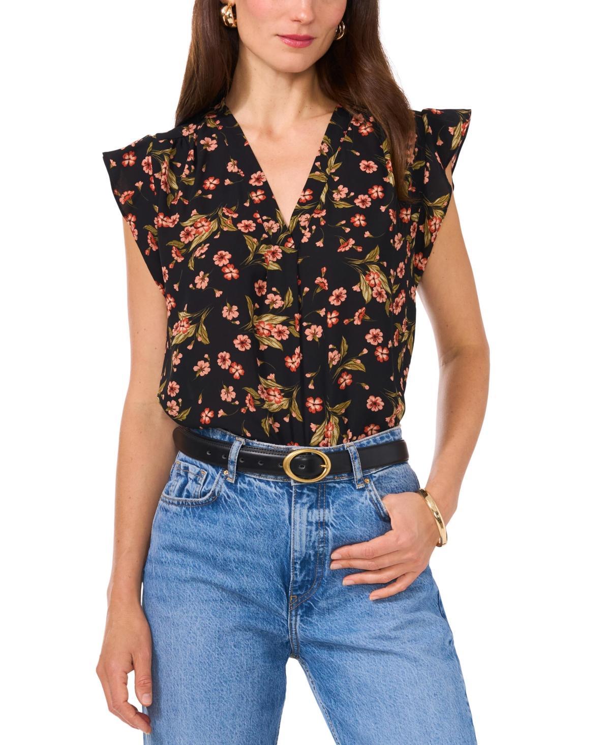 Vince Camuto Womens Floral-Print Flutter-Sleeve Top Product Image