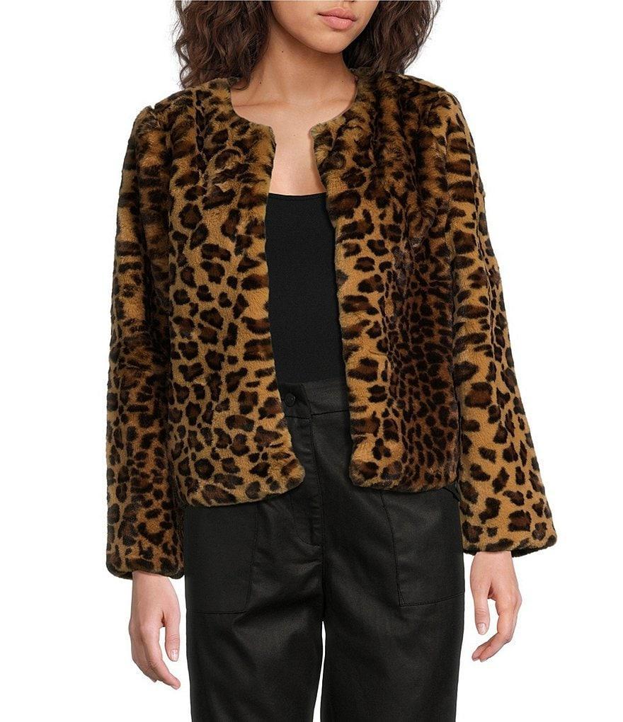 Skies Are Blue Faux Fur Leopard Print Crew Neck Long Sleeve Open Front Jacket Product Image