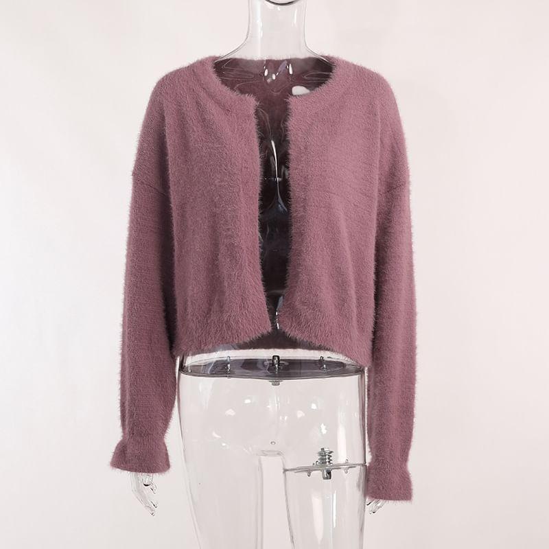 Balloon-Sleeve Plain Crop Cardigan Product Image