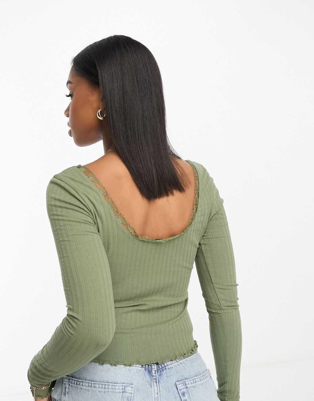 Miss Selfridge lace trim long sleeve ribbed top in khaki Product Image