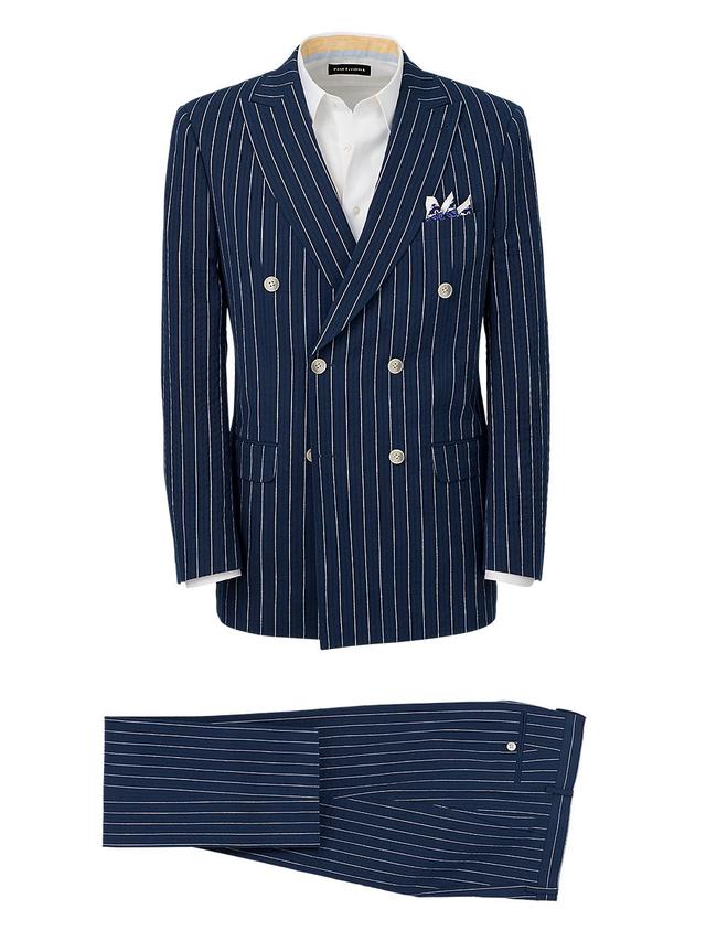 Cotton Stretch Pinstripe Seersucker Peak Lapel Suit - Navy Product Image