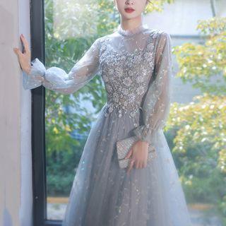 Puff-Sleeve Sequined A-Line Evening Gown / Cocktail Dress Product Image