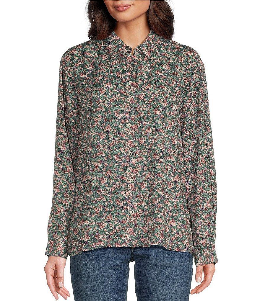 Lucky Brand Floral Print Pleated-Back Collared Button-Down Shirt Product Image