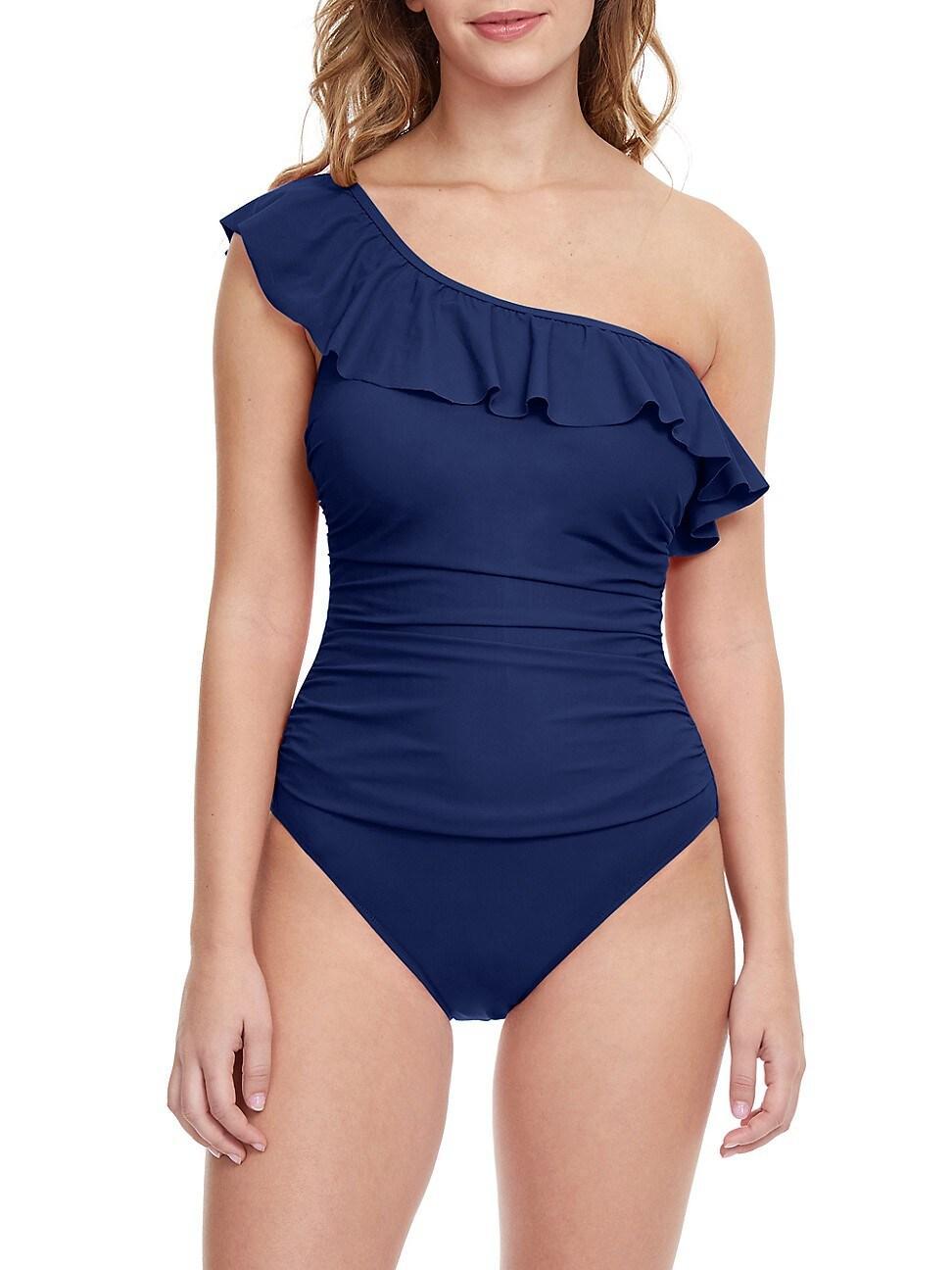 Womens One-Shoulder Ruffle One-Piece Swimsuit Product Image