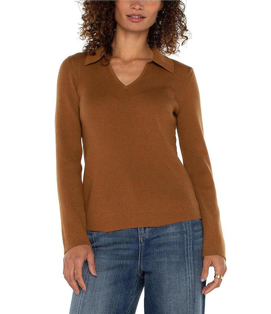 Liverpool Los Angeles Ribbed Collared V-Neck Long Sleeve Wool Blend Sweater Product Image