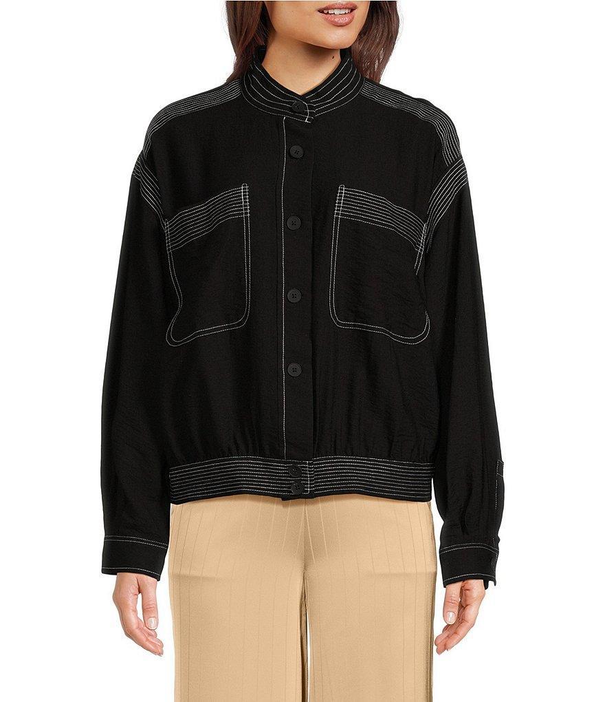 DKNY Contrast Stitch Banded Collar Long Sleeve Button Front Jacket Product Image