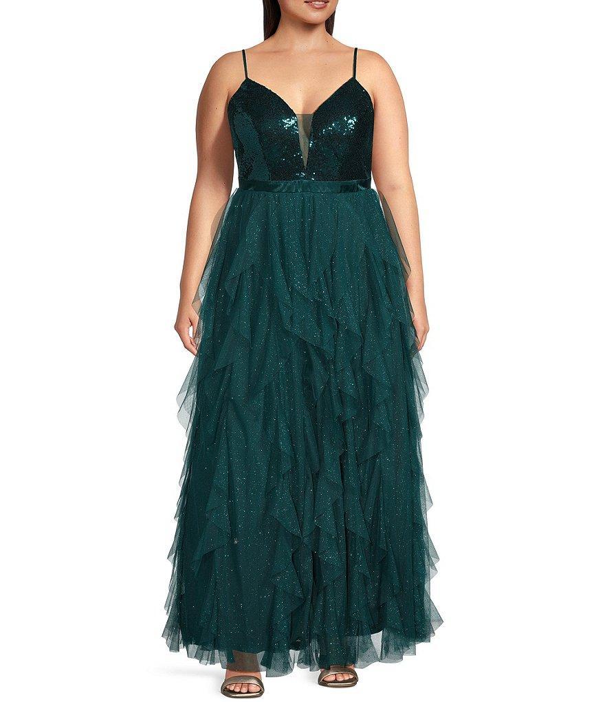 Pear Culture Plus Size Deep V-Neck Lace-Up Back Sequin Corkscrew Ruffled Dress Product Image