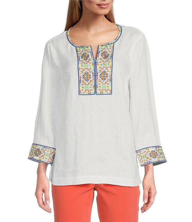 John Mark Embroidered Sequin Split V-Neck 3/4 Sleeve Top Product Image