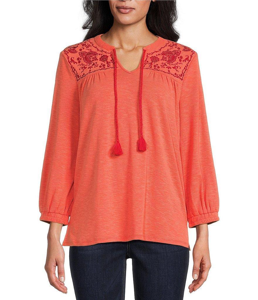 Westbound Knit V-Neck Long Sleeve Embroidered Top Product Image