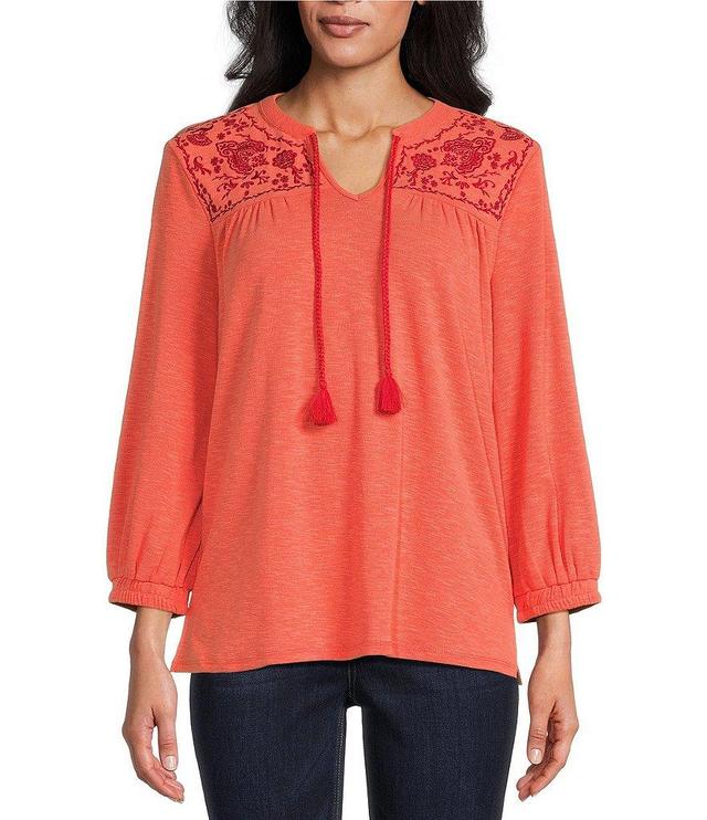 Westbound Petite Size Knit V-Neck 3/4 Sleeve Embroidered Top Product Image