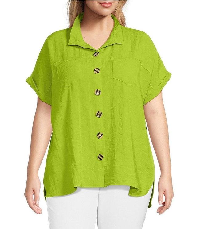 John Mark Plus Size Crinkle Short Dolman Sleeve Point Collar Button Front Shirt Product Image