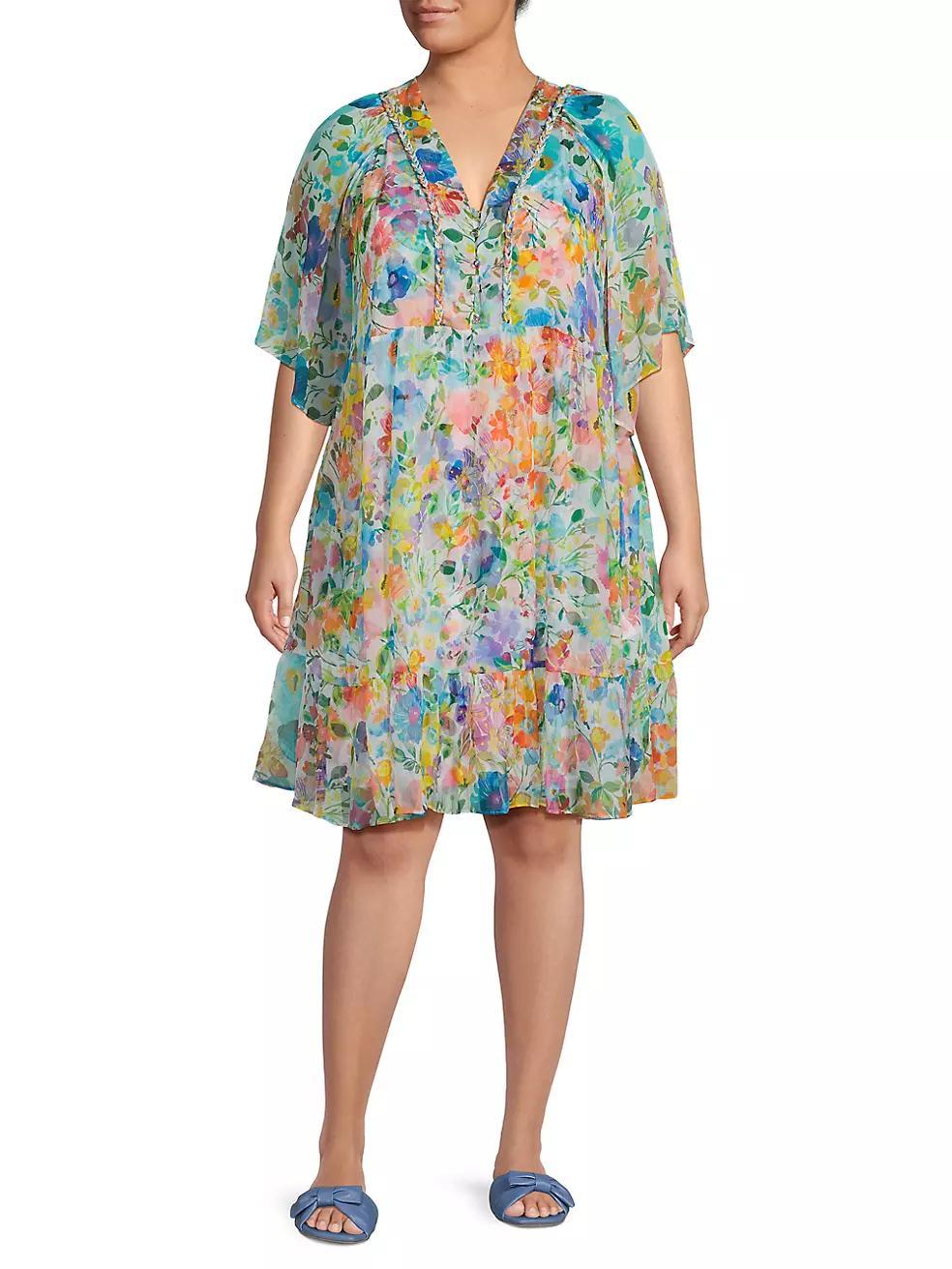 Plus Margaret Wild Blooms Silk Minidress Product Image