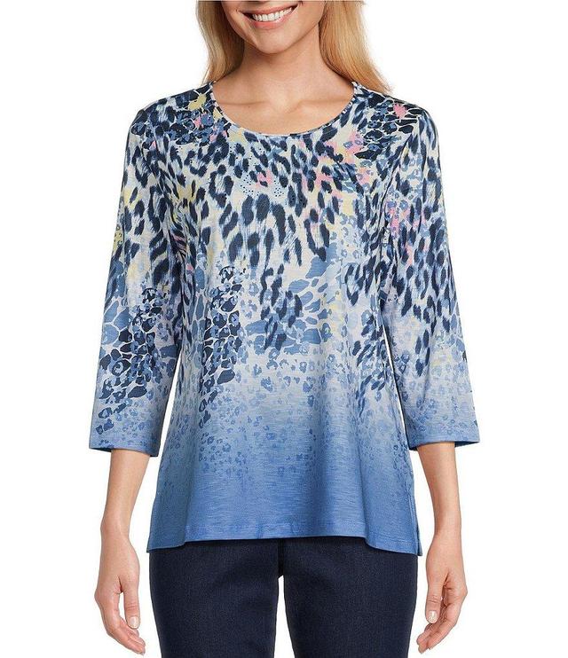 Allison Daley Petite Size Embellished Animal Ombre Print 3/4 Sleeve Scoop Neck Knit Top Product Image