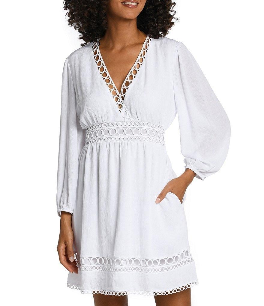 La Blanca Illusion Crochet Crinkle V-Neck Dress Swim Cover-Up Product Image